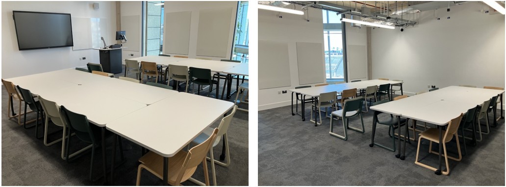 Classroom with tables and chairs.